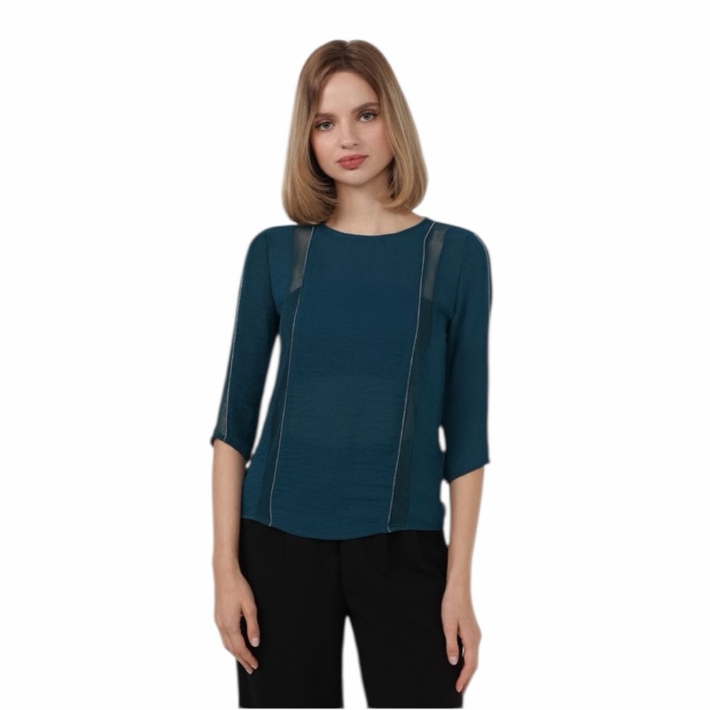 Zara W&B Collection Teal Sheer Mesh Panel Keyhole Back 3/4 Sleeve Blouse - Small
